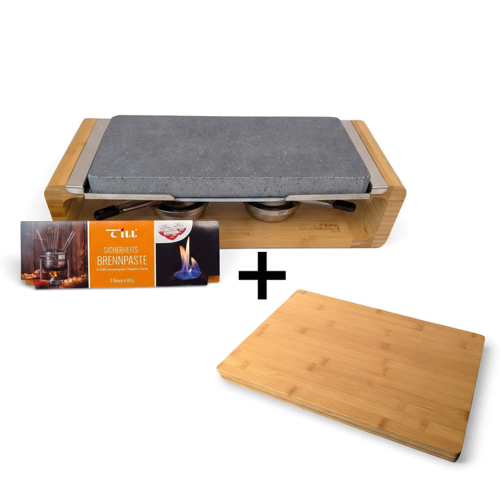 Experience interactive dining at home with the Black Rock Grill Steak Stone Sharing Platter &amp; Grill Set by Black Rock Grill, which comes complete with a wooden base, fuel paste, and a FREE bamboo cutting board (worth £19.99), all elegantly arranged on a white background—ideal for recreating the excitement of a tabletop grill or steak stone grill at your dining table.