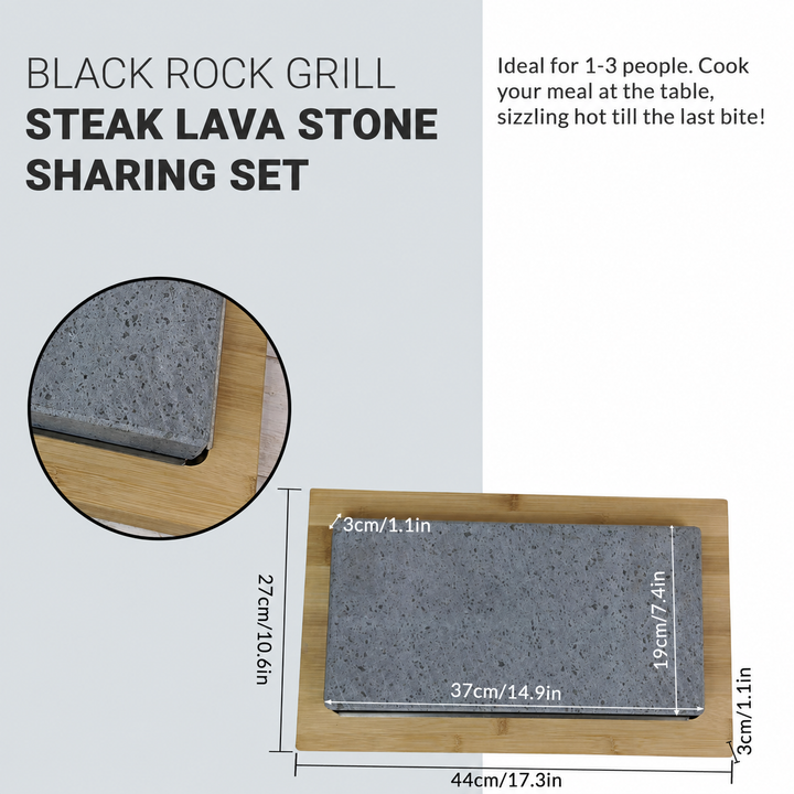 Black rock grill steak lava stone sharing set shown on a wooden board with printed dimensions and a circular inset close-up, plus marketing text about cooking for 1-3 people at the table.