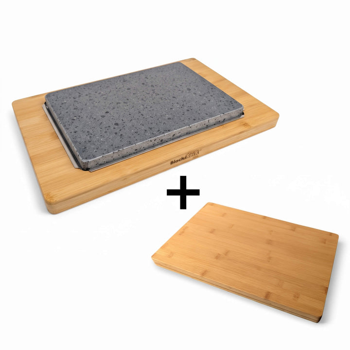 A Large Lava Sizzler Finishing Warming Platter from Black Rock Grill, complete with a FREE bamboo board, is displayed above a plus sign next to a separate bamboo cutting board, all set against a white background.