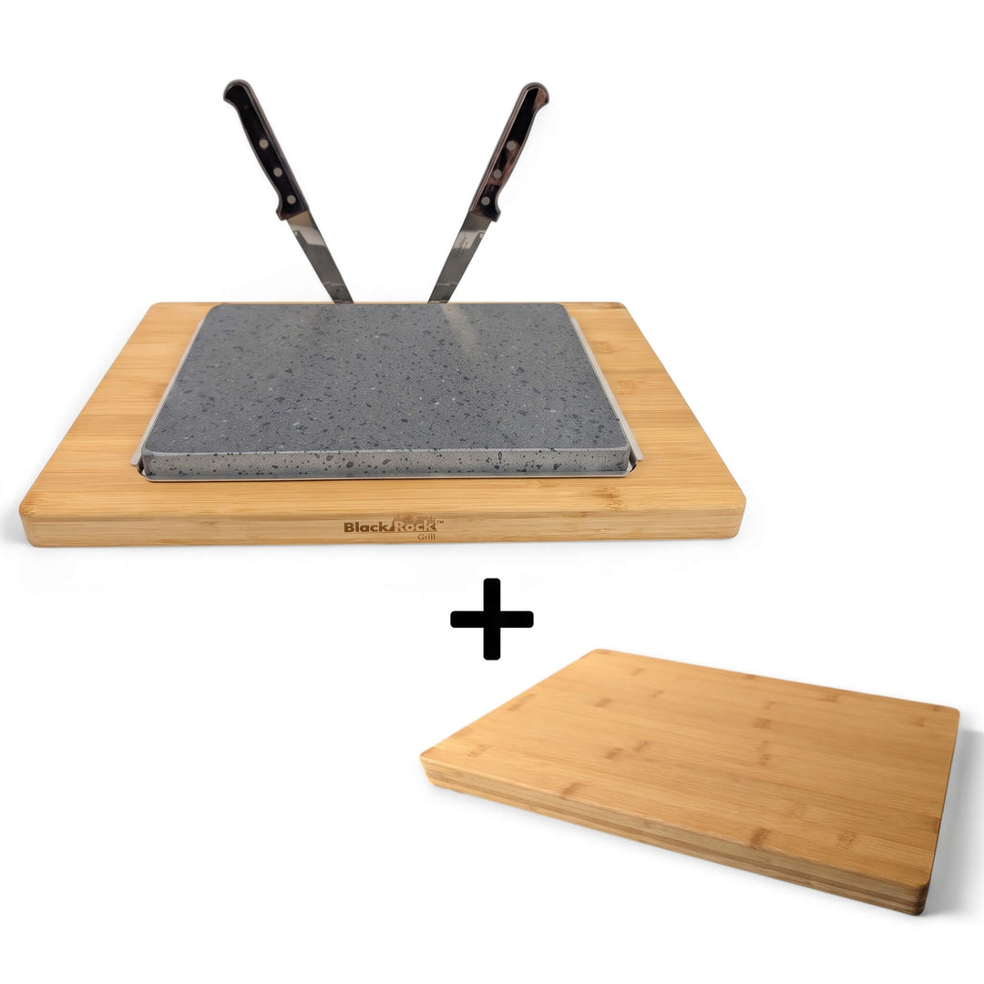 Sure! Here’s a rewritten sentence using your product data: The Black Rock Grill Large Lava Sizzler Finishing Warming Platter includes a FREE bamboo board (worth £19.99).