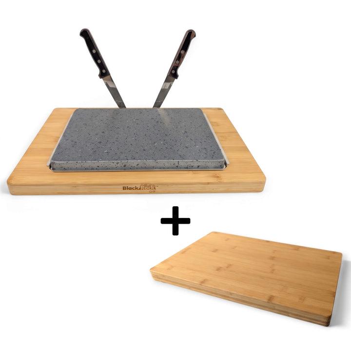 Sure! Here’s a rewritten sentence using your product data: The Black Rock Grill Large Lava Sizzler Finishing Warming Platter includes a FREE bamboo board (worth £19.99).
