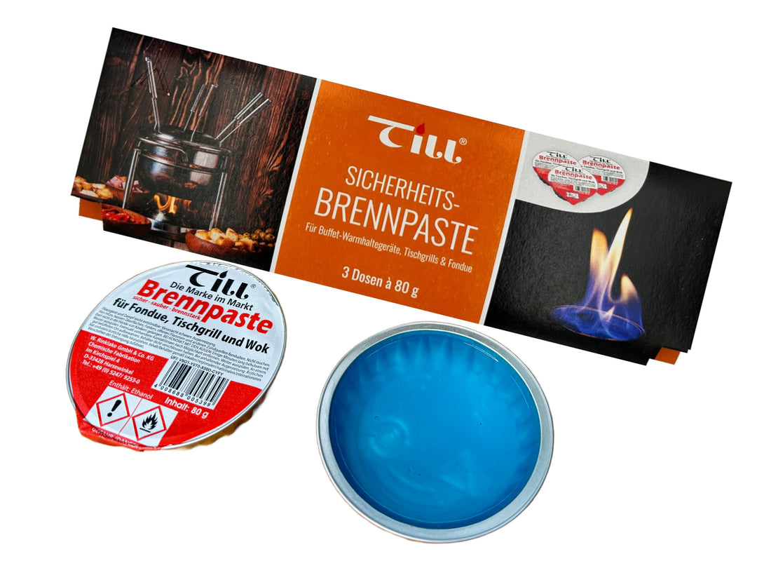 A box labeled Till Brennpaste Fondue Fuel Gel by Black Rock Grill shows images of burning fondue gel and fondue. A round container with a foil lid displays product information in German and highlights its environmentally friendly formula.