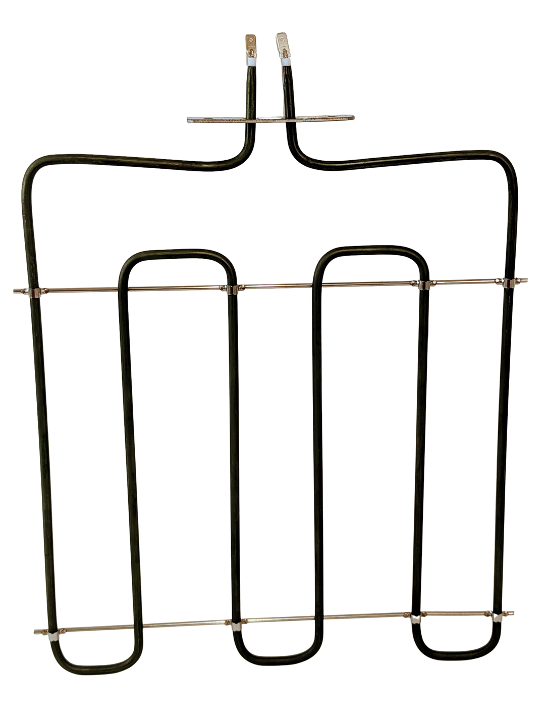 The Macte Bottom Heating Element 850 Watt, designed for the Macte Voyager and Nettuno pizza ovens, features a black rectangular shape with two top prongs and horizontal support rods—perfect as a replacement part.