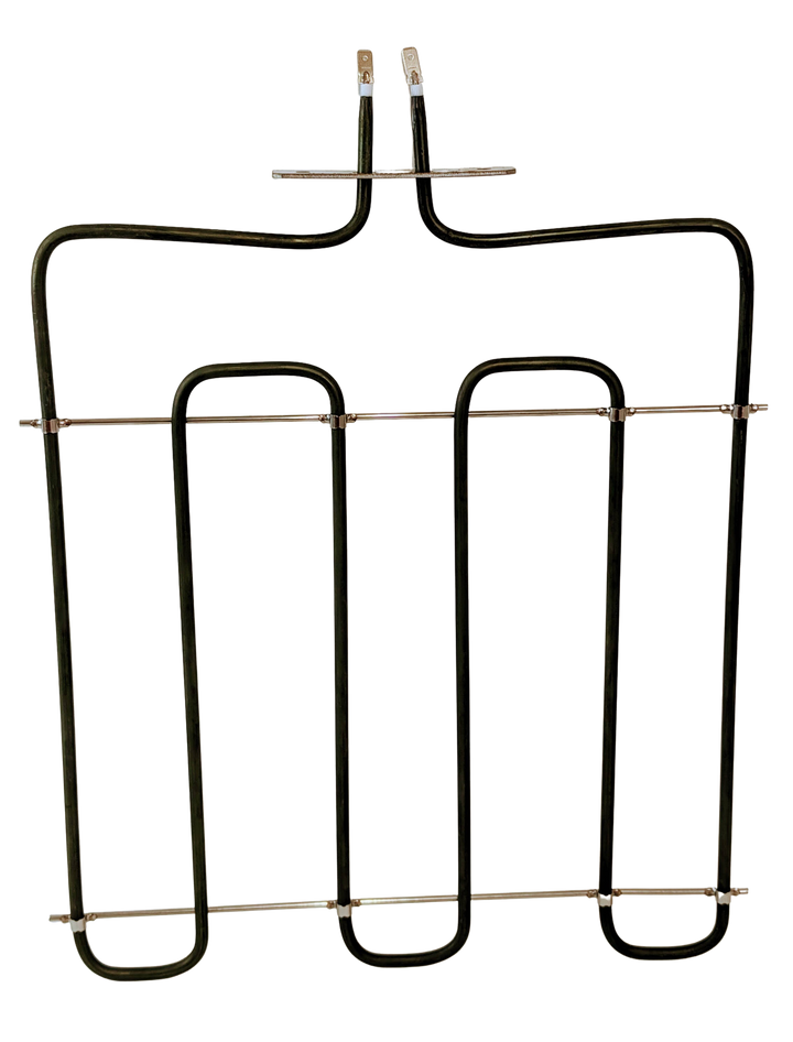 The Macte Bottom Heating Element 850 Watt, designed for the Macte Voyager and Nettuno pizza ovens, features a black rectangular shape with two top prongs and horizontal support rods—perfect as a replacement part.