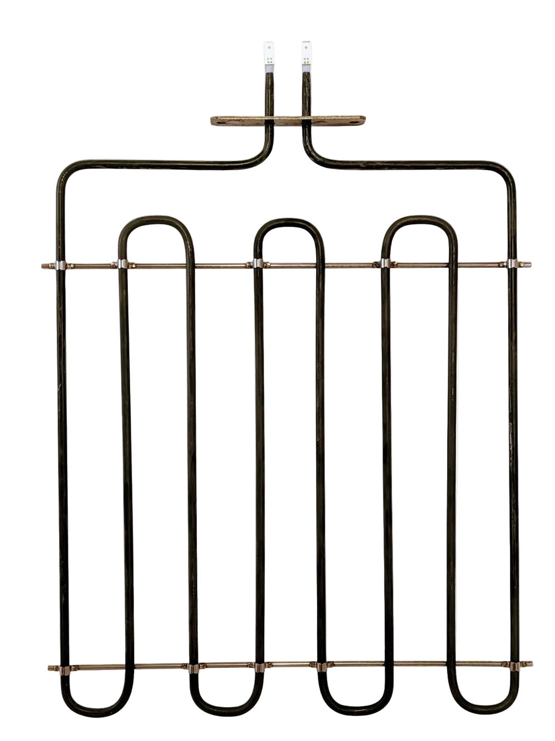 A black metal Macte Top Heating Element 2100 Watt, suitable for the Macte Voyager and Macte Nettuno, features multiple vertical bends and is mounted on a white background. Two connectors extend from the top for electrical attachment.