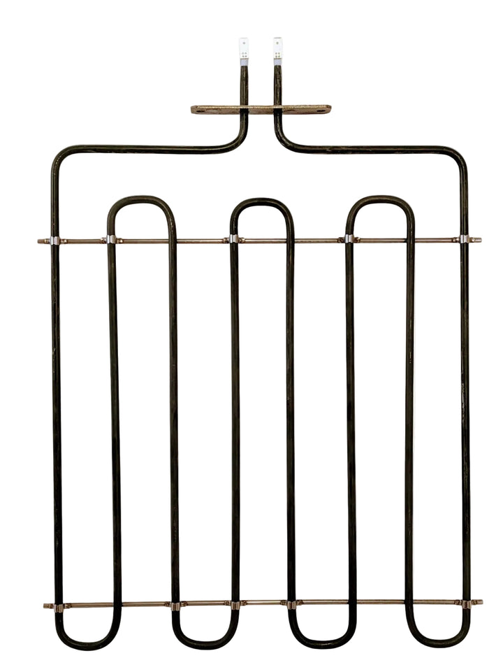 A black metal Macte Top Heating Element 2100 Watt, suitable for the Macte Voyager and Macte Nettuno, features multiple vertical bends and is mounted on a white background. Two connectors extend from the top for electrical attachment.
