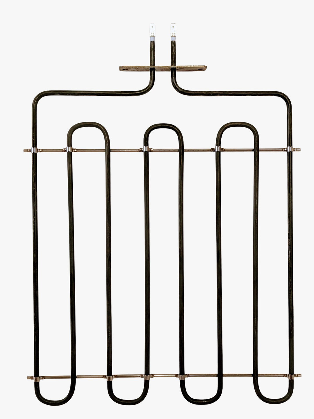 The Macte Top Heating Element 1200 Watt is a black metal tubular element with two top connectors, designed for use as a replacement in Macte Voyager or Macte Nettuno pizza ovens. Isolated on a white background.