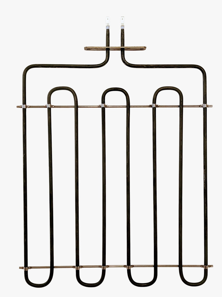 The Macte Top Heating Element 1200 Watt is a black metal tubular element with two top connectors, designed for use as a replacement in Macte Voyager or Macte Nettuno pizza ovens. Isolated on a white background.