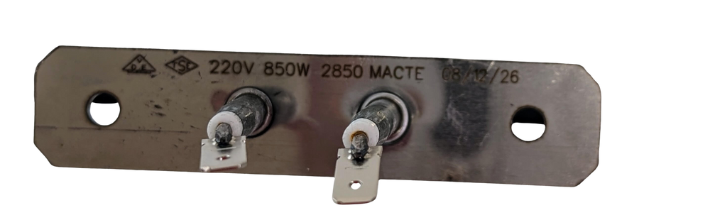 The Macte Bottom Heating Element 850 Watt, suitable for the Macte Voyager and Nettuno ovens, features two terminals and mounting holes—ideal as a replacement part.