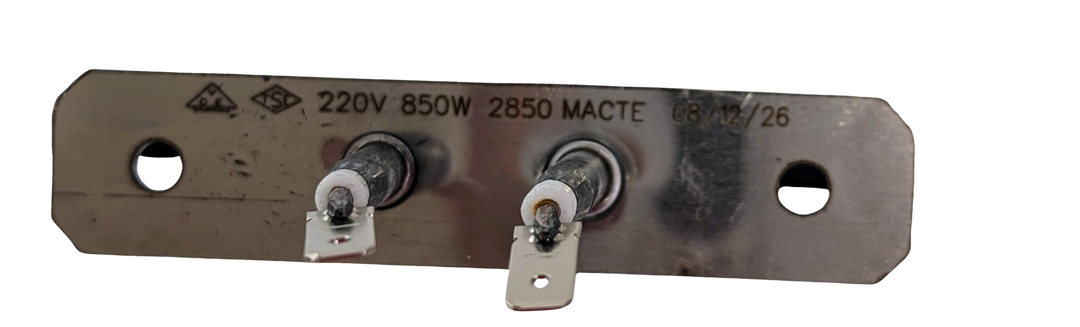 The Macte Bottom Heating Element 850 Watt, suitable for the Macte Voyager and Nettuno ovens, features two terminals and mounting holes—ideal as a replacement part.