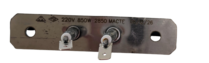 The Macte Bottom Heating Element 850 Watt, suitable for the Macte Voyager and Nettuno ovens, features two terminals and mounting holes—ideal as a replacement part.