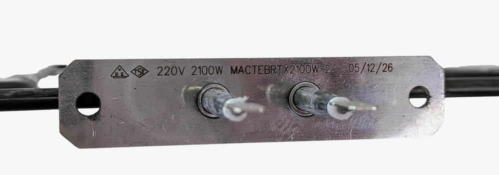 Close-up of a Macte Top Heating Element 1200W, suitable for Macte Voyager and Macte Nettuno pizza ovens, showing its metal label with two terminals and product information. Brand: Macte.