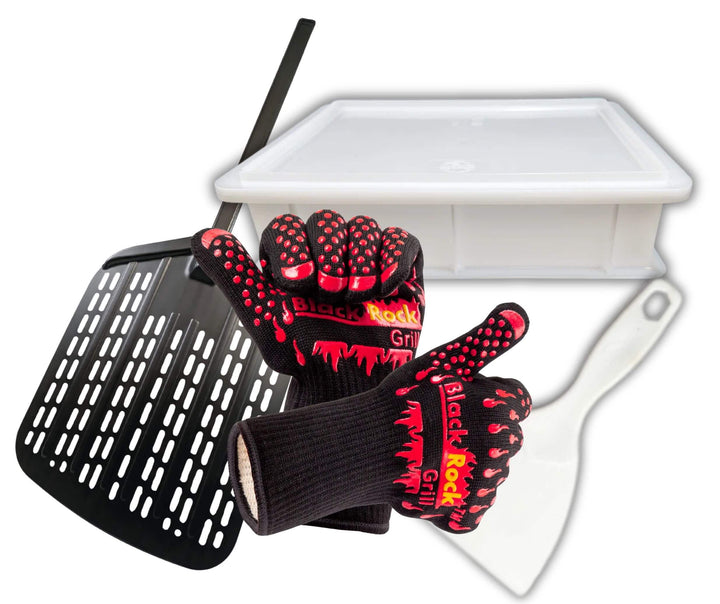 The Black Rock Grill Pizza Starter Kit by Black Rock Grill includes a large black spatula, white spatula, heat-resistant gloves, and a white storage container—perfect for making restaurant-quality pizza at home.