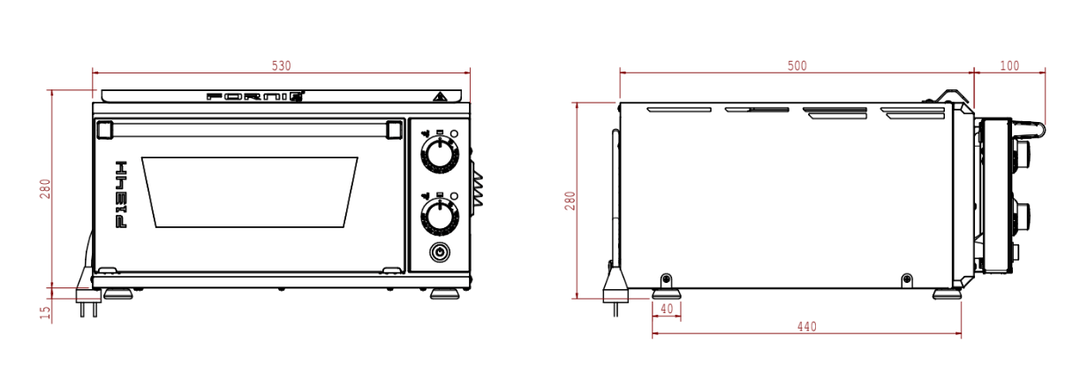 Effeuno P134H with height, width and length dimensions