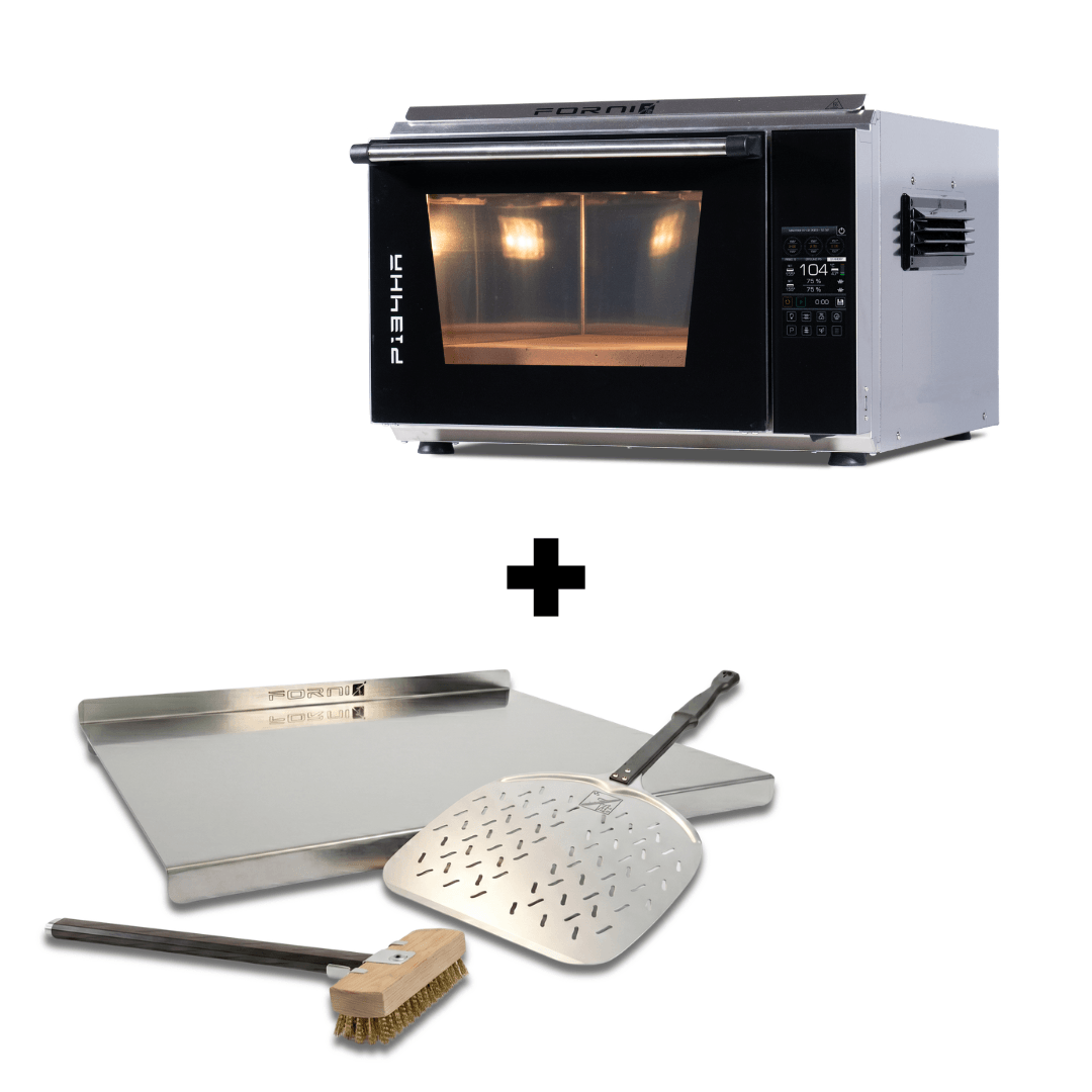 Effeuno P134HA 509E electric pizza oven bundle with an Effeuno oven brush, pizza peel, and kneading board on a clean white background.