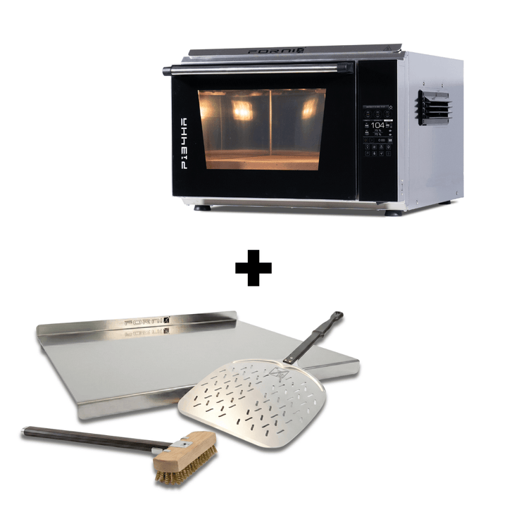 Effeuno P134HA 509E electric pizza oven bundle with an Effeuno oven brush, pizza peel, and kneading board on a clean white background.