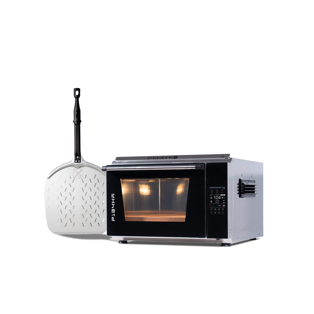 An Effeuno Evolution Line P134HA 509E Pizza Oven with Biscotto Stone and digital display is placed next to a large metal pizza peel with a black handle, both set against a white background.