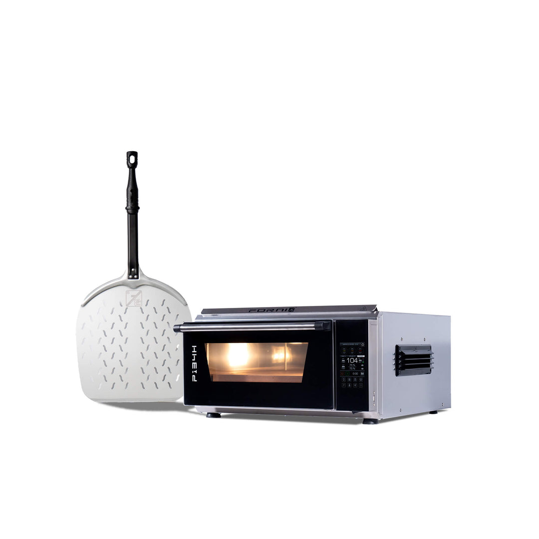 The Effeuno Evolution Line P134H 509E oven with Biscotto Stone, made of stainless steel and featuring a digital display, sits beside a metal pizza peel with a black handle, both displayed on a white background.