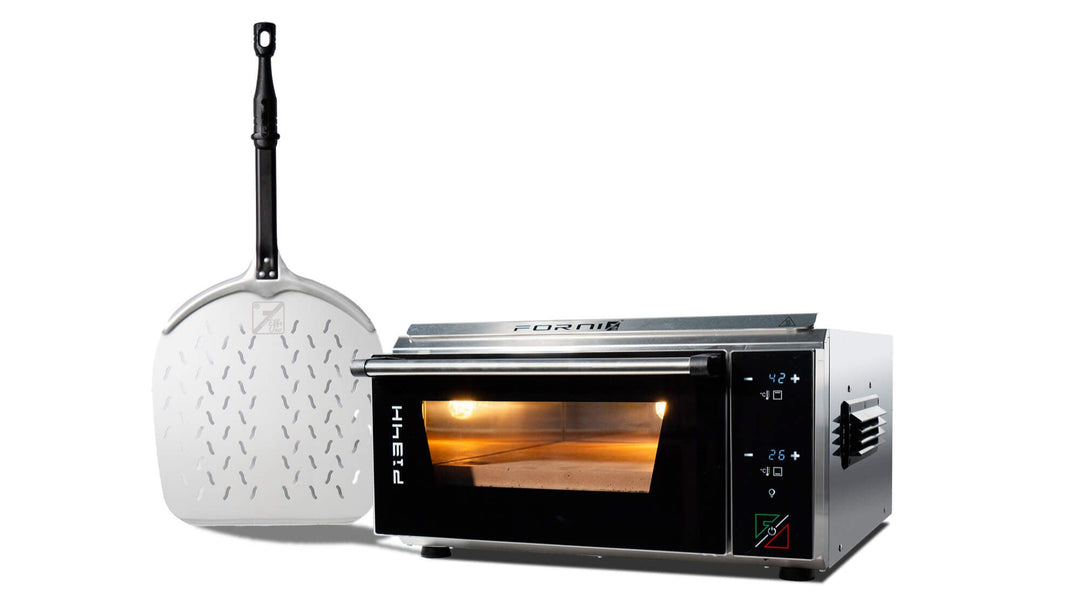 Effeuno Pizza oven with pizza peel on a white background