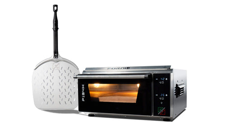 Effeuno Pizza oven with pizza peel on a white background