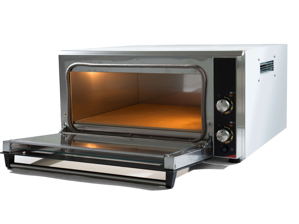 The Effeuno Pizza Oven P150HA, in silver, sits on a countertop with its glass door open to reveal an empty interior. Right-side control knobs and indicator lights highlight its professional pizza oven design.