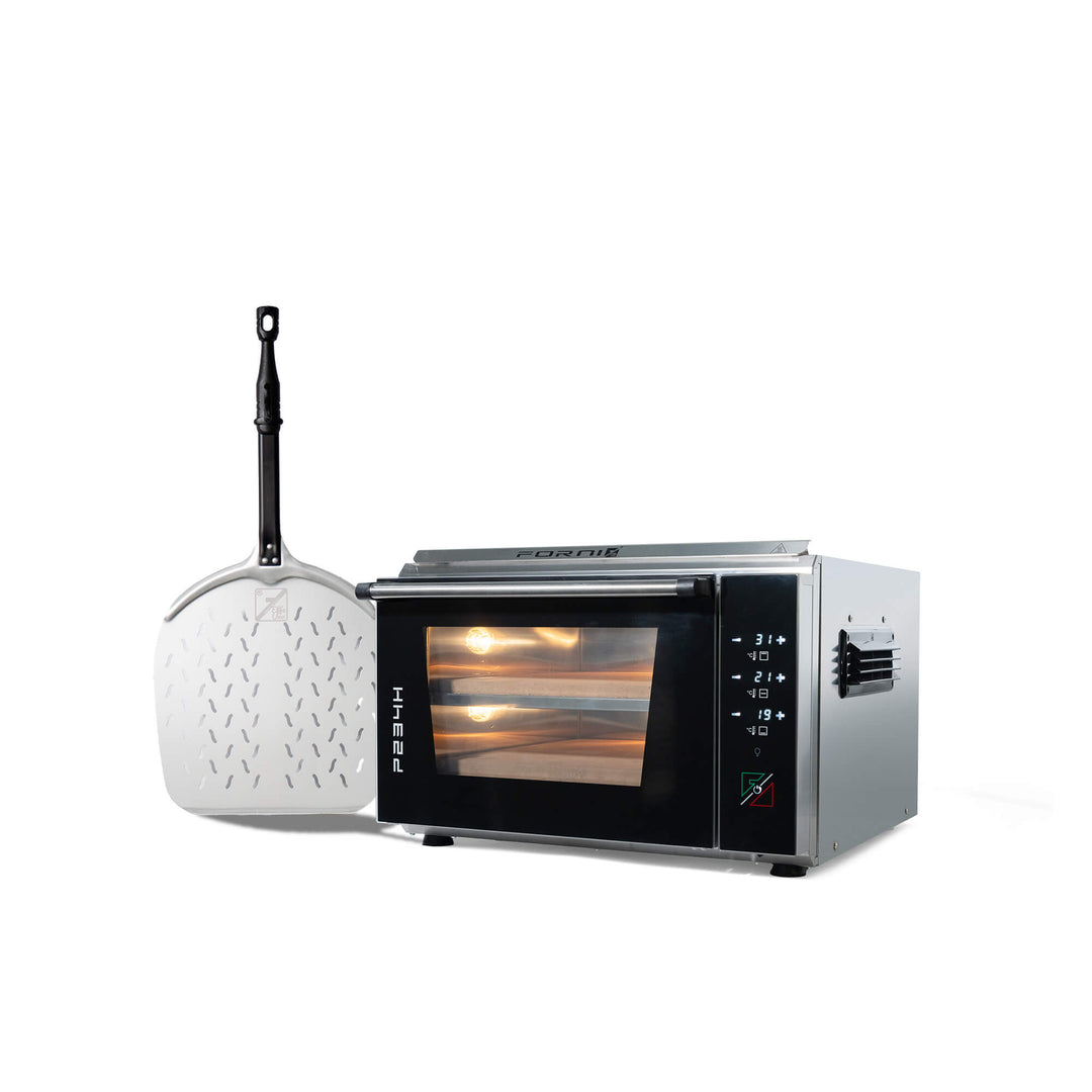 Effeuno double deck oven with pizza stone and peel on a white background