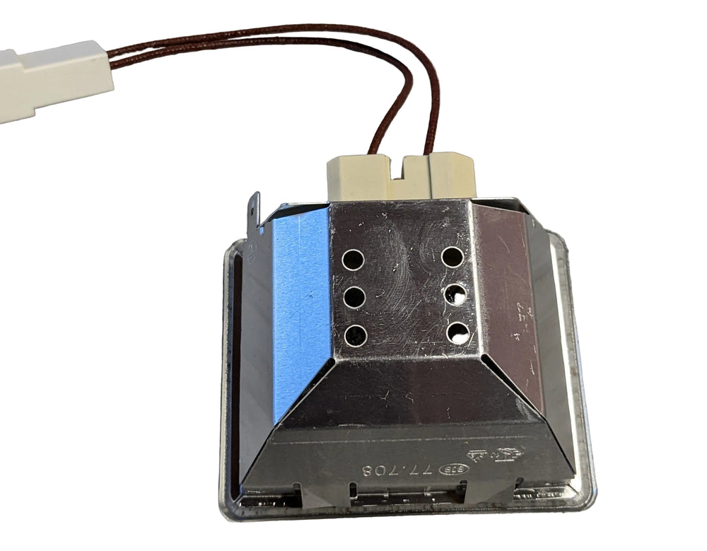 A metallic Effeuno Complete Rectangular Flat Glass Shade Lamp Holder with Bulb (P134H & P134HA), featuring six holes, brown wires, and white connectors, is shown on a white background.