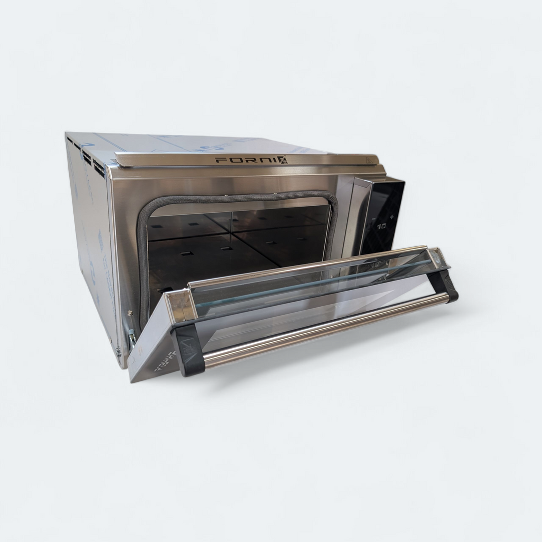 The Black Rock Grill ROXY12 | 12 Rock, 12 Plate, Rock Oven & Accessories Set Up features a modern stainless steel oven with a glass door and digital controls—ideal for tabletop cooking and interactive dining experiences.
