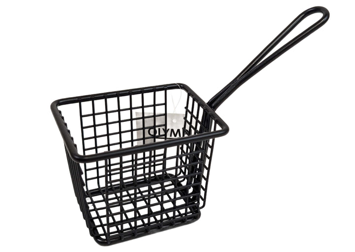 The Olympia Serving Chip Rectangle Basket (10 x 8 x 8cm) is a small, black grid basket with a long handle, perfect for stylishly serving snacks or fries.