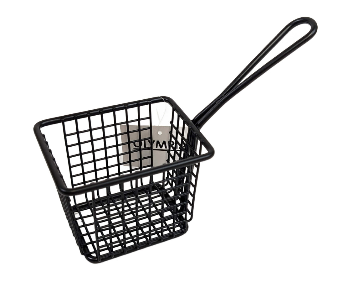 The Olympia Serving Chip Rectangle Basket, Black 10 x 8 x 8cm, is a stylish mini basket with a long handle—ideal for serving chips or snacks at the table. Perfect for modern presentations by Olympia.