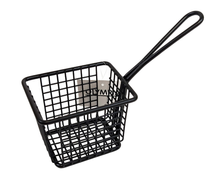 The Olympia Serving Chip Rectangle Basket, Black 10 x 8 x 8cm, is a stylish mini basket with a long handle—ideal for serving chips or snacks at the table. Perfect for modern presentations by Olympia.