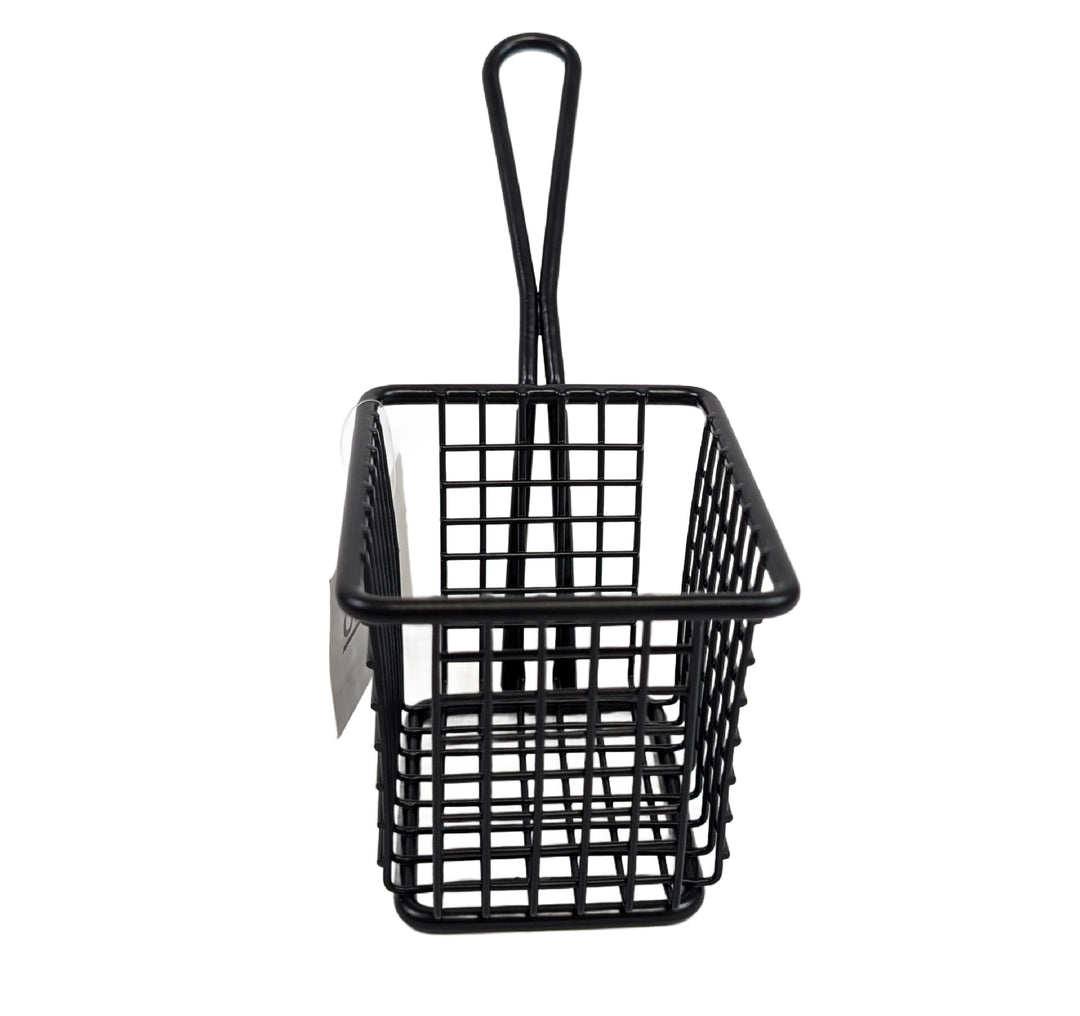 The Olympia Serving Chip Rectangle Basket by Olympia is a small, black 10 x 8 x 8cm basket with a rectangular grid design and long handle, shown against a plain white background.