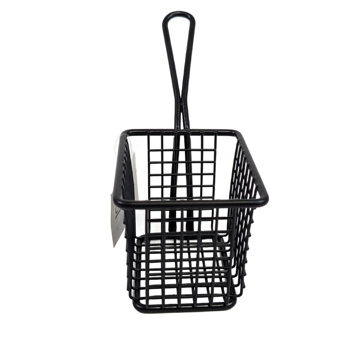 The Olympia Serving Chip Rectangle Basket by Olympia is a small, black 10 x 8 x 8cm basket with a rectangular grid design and long handle, shown against a plain white background.