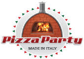 Logo for Pizza Party Passione Dual Fuel Pizza Oven shows a wood and gas oven with flames, bold red Pizza Party text, “Made in Italy” beneath, and green/red triangles bordering the circle. Brand: Pizza Party. Authentic Italian outdoor pizza oven.