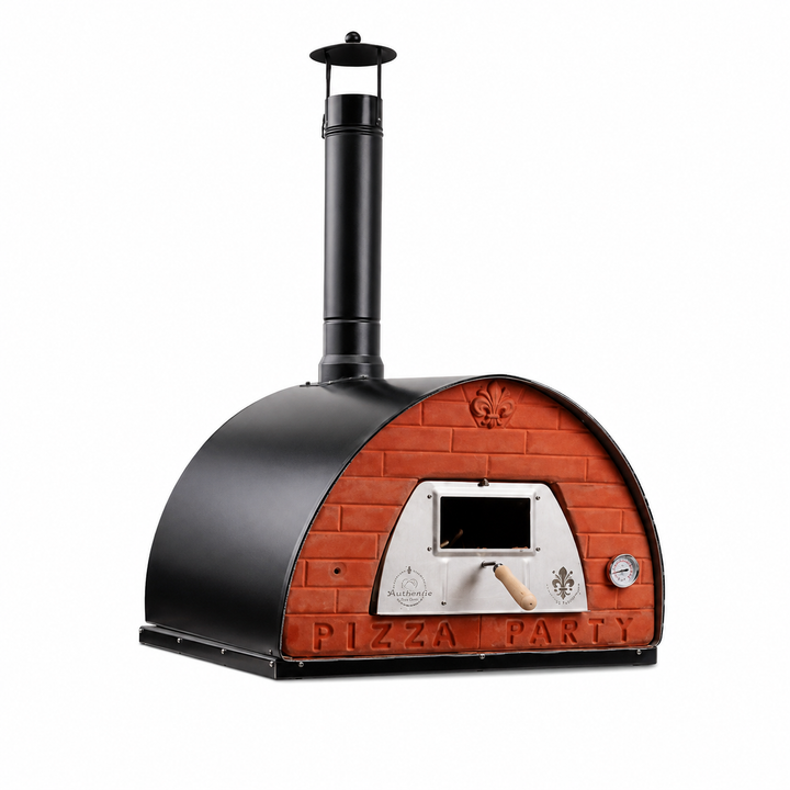 A dome-shaped outdoor pizza oven with a black metal body and chimney, featuring a red brick-patterned front panel with a metal door, temperature gauge, and handle.
