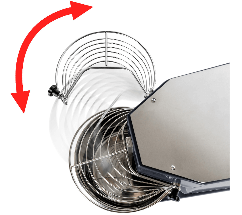 The MFItaly MINIMIX STD 5 Dark Grey Spiral Dough Kneading Machine by Mfitaly features a metal wire cage that rotates, as shown by red arrows and motion blur that highlight the cage’s swinging motion.
