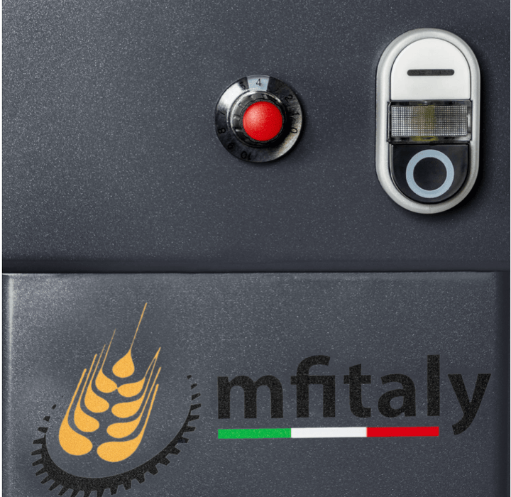 A gray metal panel featuring a red button, fingerprint scanner, and the Mfitaly logo with a wheat symbol and Italian flag stripe—ideal for the MFItaly MINIMIX STD 5 Dark Grey Spiral Dough Kneading Machine.