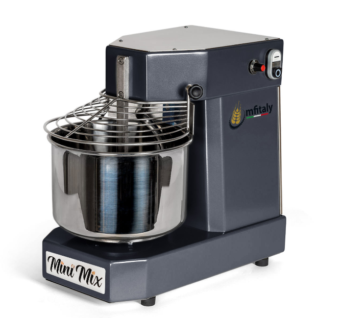 The Mfitaly MINIMIX STD 5 Dark Grey Spiral Dough Kneading Machine is a compact countertop unit featuring a stainless steel mixing bowl, wire safety guard, control switch, and is branded “Mfitaly” and “MINIMIX” on the front and side.