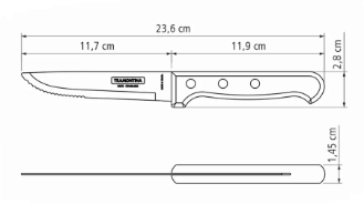 Black and white diagram of Black Rock Grill's Tramontina Gaucho Premium Brazilian Steak Knife with dimensions: total length 23.6 cm, blade 11.7 cm, handle 11.9 cm, blade height 2.8 cm, handle thickness 1.45 cm—perfect for steak lovers.