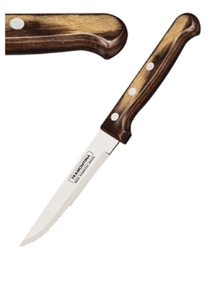 The Black Rock Grill Tramontina Gaucho Premium Brazilian Steak Knives feature serrated stainless steel blades and brown wooden handles with three silver rivets, inspired by classic Gaucho design.