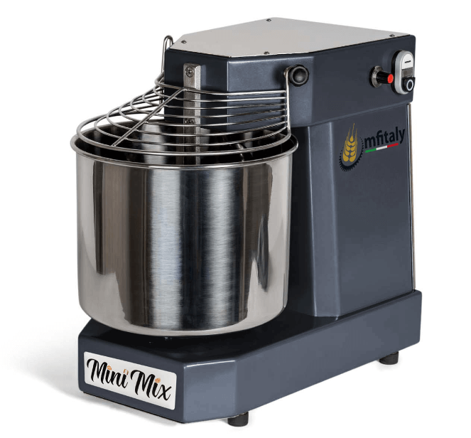 The MFItaly MINIMIX STD 10 is a dark grey, compact spiral dough kneading machine by Mfitaly. It features a large stainless steel bowl, protective wire guard, and “MINIMIX” branding on its body. Made in Italy.