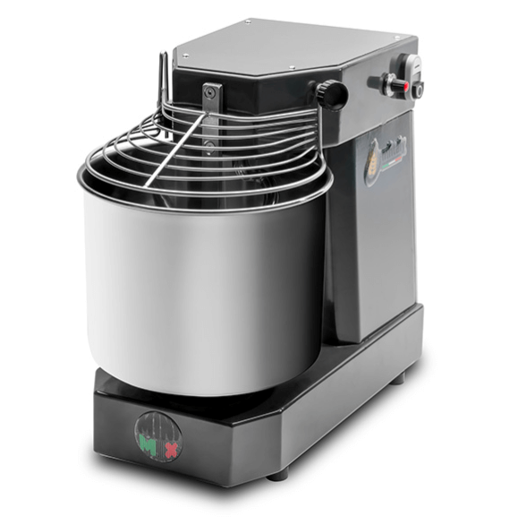 The Mfitaly MINIMIX STD 5 Black Spiral Dough Kneading Machine features a large metal mixing bowl, protective wire guard, and side control knobs—crafted with precision and quality by Mfitaly in Italy.