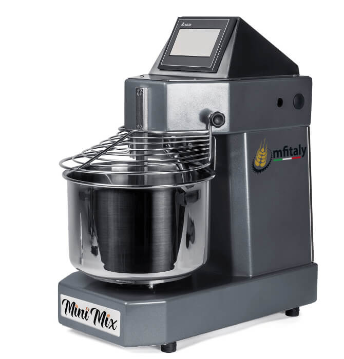 The MFItaly MINIMIX PRO 5kg Spiral Dough Mixer in dark grey features a large stainless steel bowl, protective wire guard, mfitaly logo, plus a touchscreen control panel and LED bowl light.