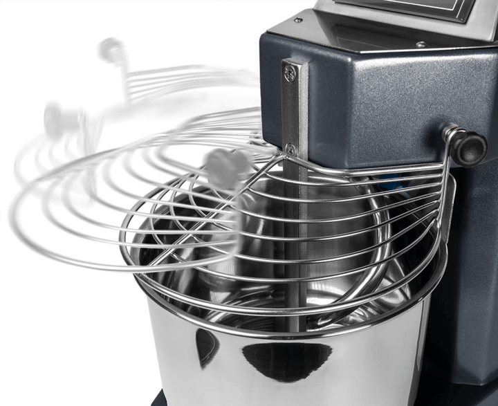 Close-up of the MFItaly MINIMIX PRO 5kg Spiral Dough Mixer by Mfitaly in dark grey, with spinning whisk over a stainless steel bowl. Touchscreen controls and LED bowl light make it ideal for home pizza making.