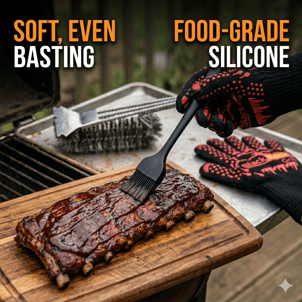 Wearing Black Rock Grill’s 500°C heat-resistant gloves from the Ultimate BBQ Tool Kit, a person uses a black silicone basting brush to sauce ribs on a cutting board. The 18" grill brush and barbecue grill appear in the background.