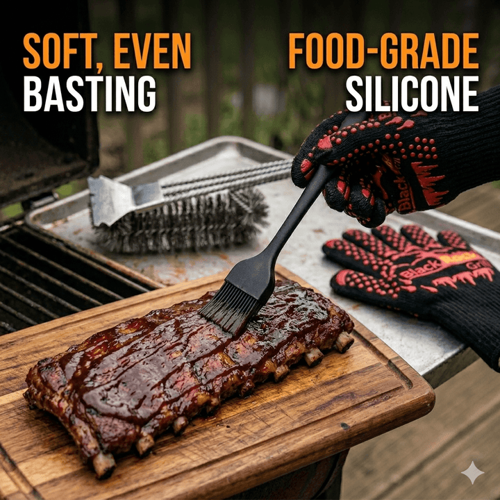 Wearing Black Rock Grill’s 500°C heat-resistant gloves from the Ultimate BBQ Tool Kit, a person uses a black silicone basting brush to sauce ribs on a cutting board. The 18" grill brush and barbecue grill appear in the background.