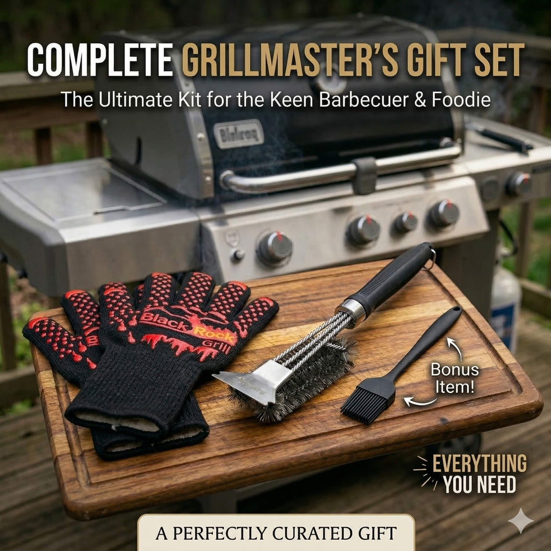 A wooden board displays the Black Rock Grill Ultimate BBQ Tool Kit—heat-resistant 500°C gloves, an 18" grill brush, and a bonus basting brush. Text reads: “Complete Grillmaster’s Gift Set—The Ultimate Kit for BBQ Lovers.”.
