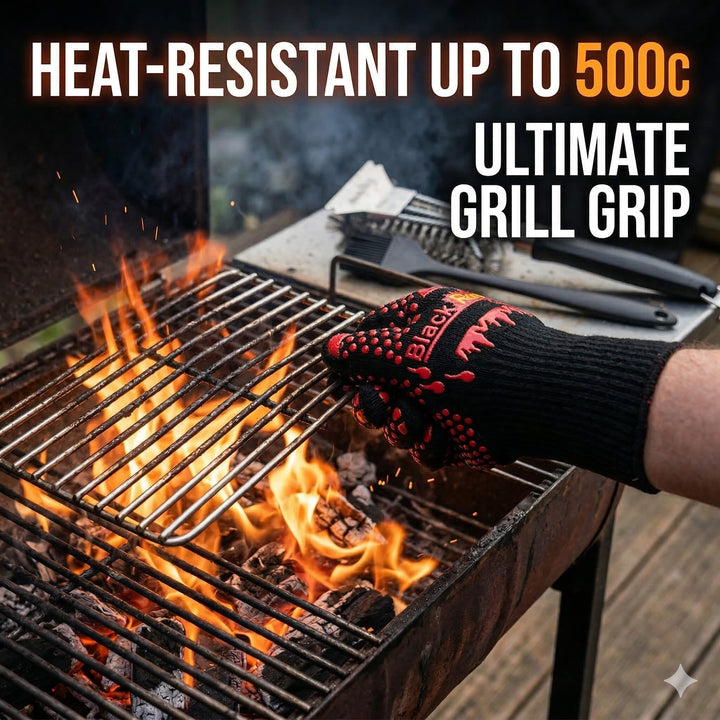 A person wearing Black Rock Grill’s Ultimate BBQ Tool Kit 500°C gloves lifts a hot grate over flames for safe grill maintenance. Text reads: “Heat-resistant up to 500°C. Ultimate grill grip.”.
