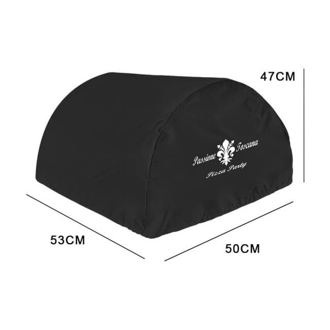 Black pizza party ardore oven cover with dimensions and a brand logo on a white background