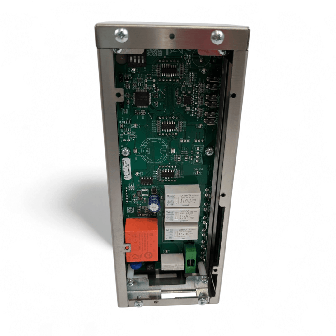 A close-up of the Effeuno P234H Pro Pizza Oven Complete Digital Control Panel shows its green circuit board with components such as a large orange relay, capacitors, and connectors—an OEM-quality Effeuno spare part.